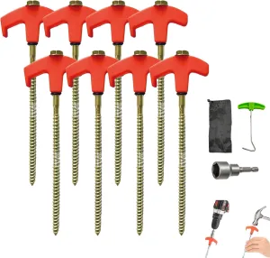 8" Screw in Tent Stakes - Ground Anchors Screw in, Tent Spikes with Hex Head Driver and Storage Bags and Nail Remover, Camping Stakes Heavy Duty, for Patio, Garden, Grassland, Outdoor (8, Red)