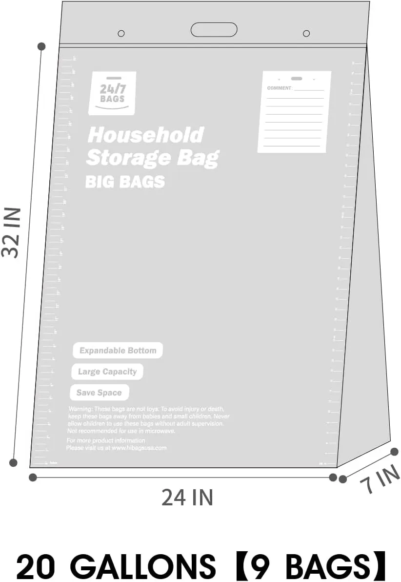 9 XXX-Large Plastic Storage Bags, 20 Gallons, Zero BPA, Double Zipper Seal, 3 Mils Thick, Double Layer Carry Handle, 24"x32"x7", Moving, Seasonal, Travel