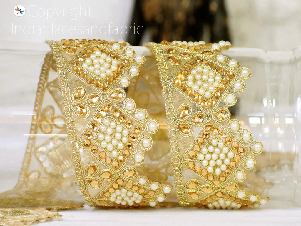 9 Yard Indian 5CM Gold Stone Decorative Lace Saree Border Trim Embellishment Metallic Ribbon Sari Trimming Sewing Crafting Home Decor