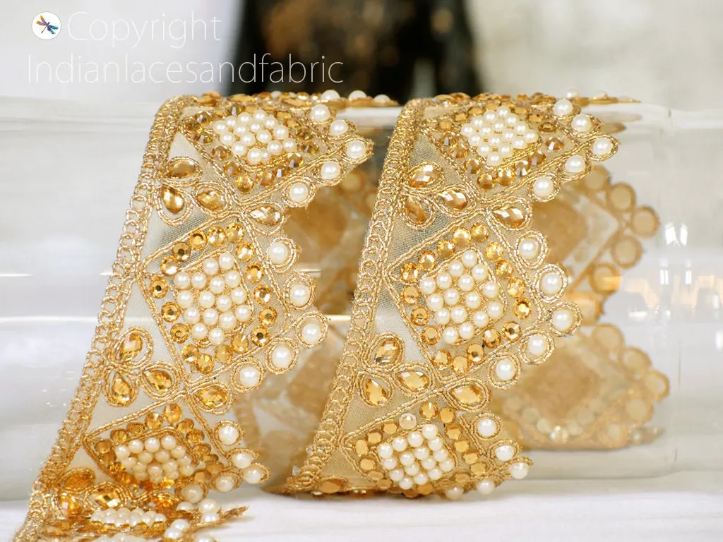 9 Yard Indian 5CM Gold Stone Decorative Lace Saree Border Trim Embellishment Metallic Ribbon Sari Trimming Sewing Crafting Home Decor