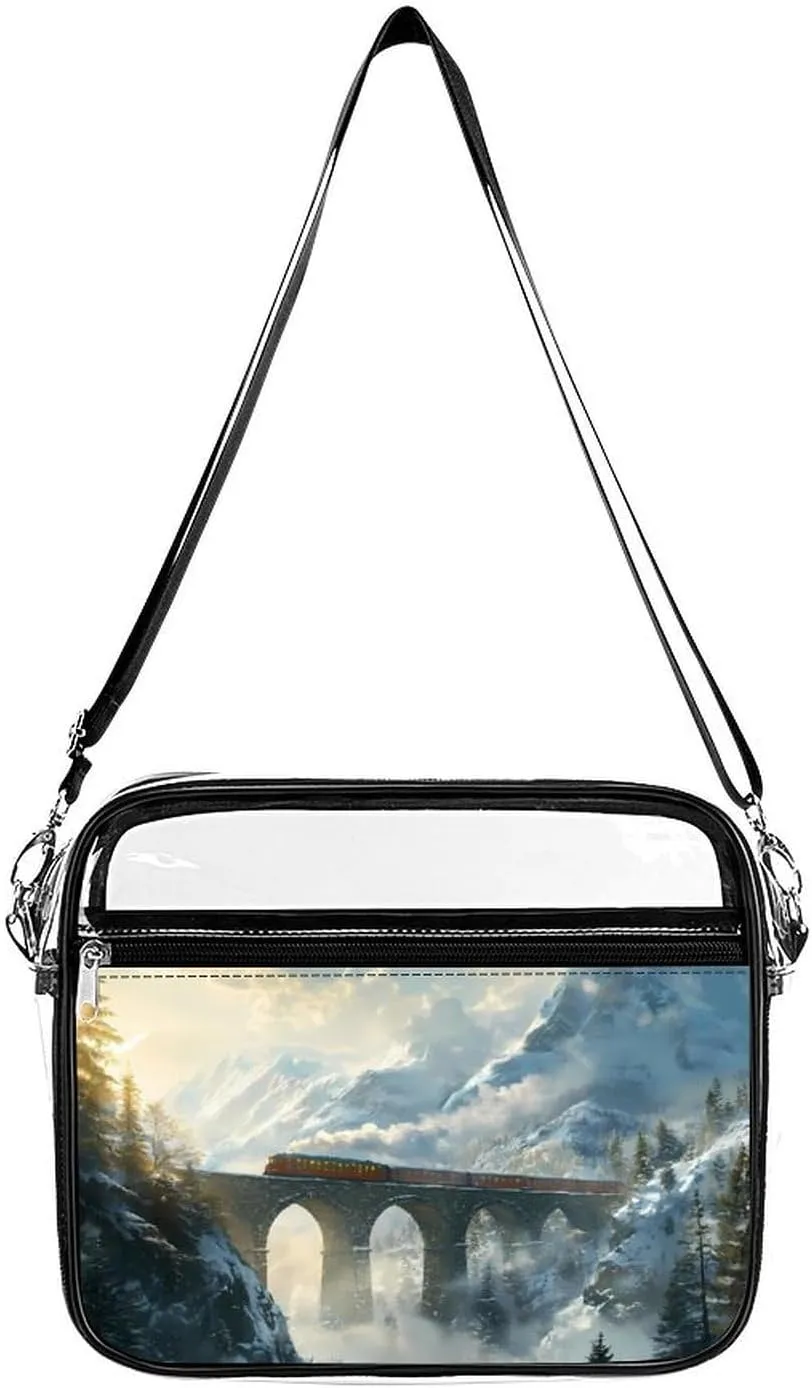 A Red Train Is Driving on The Stone Arch Bridge Clear Crossbody Bags Shoulder Bag Messenger Purse for Stadium Concerts Sports Events