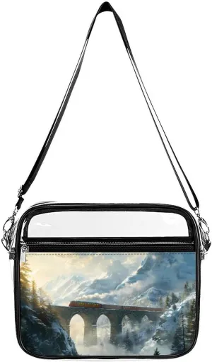 A Red Train Is Driving on The Stone Arch Bridge Clear Crossbody Bags Shoulder Bag Messenger Purse for Stadium Concerts Sports Events