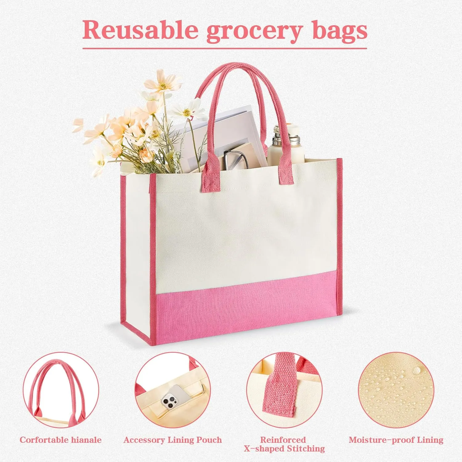 Abbylike Canvas Tote Bag for Women Ideal Gift for Mom, Teacher, Sister Reusable Shopping Tote Bag with Makeup Bag, Ribbon