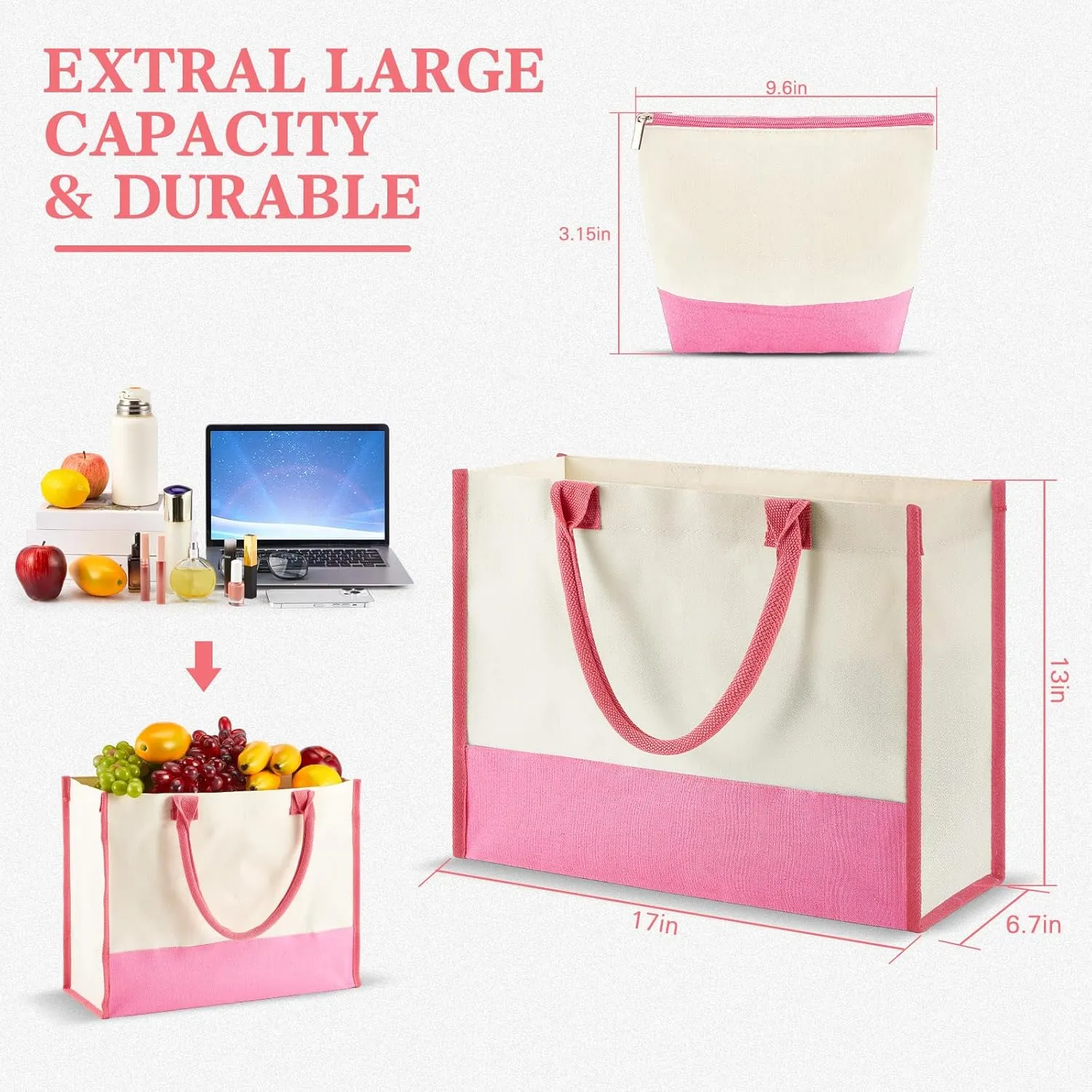 Abbylike Canvas Tote Bag for Women Ideal Gift for Mom, Teacher, Sister Reusable Shopping Tote Bag with Makeup Bag, Ribbon
