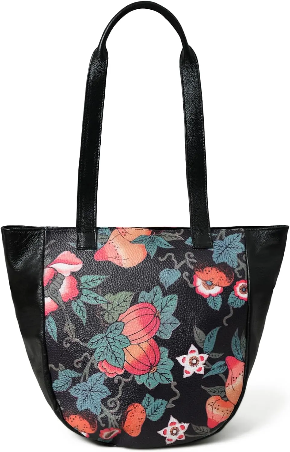 ADYAN Handmade Full Grain Veg Tan Soft Leather Floral Printed Shoulder Tote Bag for Women