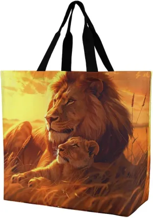 African Safari Lion Sunset Women's Shoulder Shopping Bags Foldable Tote Bag Large Capacity Handbag for Work Travel