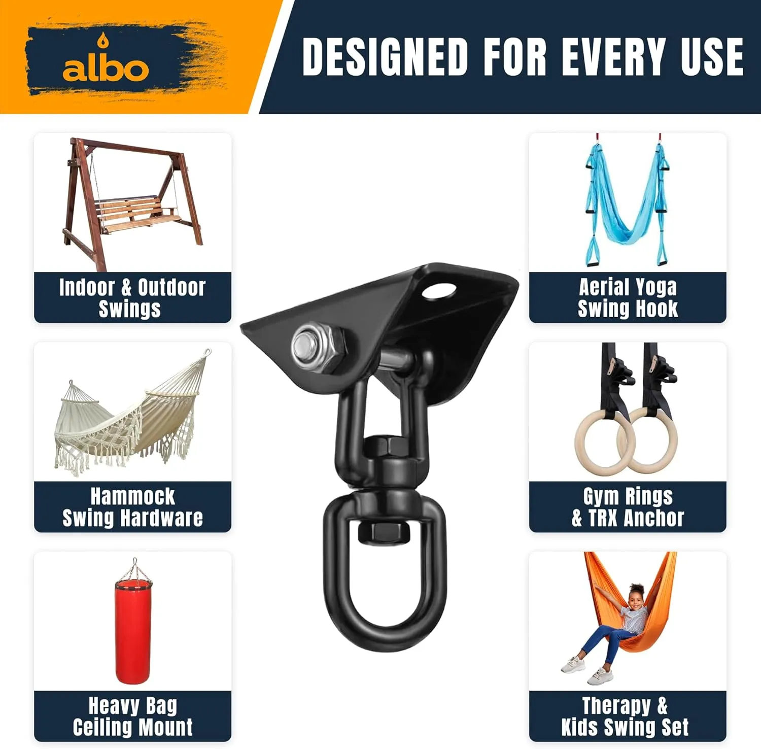 Albo 2650LBS Heavy Duty Ceiling Swing Hooks – 4 Pack Black, 304 Stainless Steel, 180° Silent Swivel Mount, Indoor Outdoor Hanger for Hammock, Therapy Swing, Punching Bag – Screws for Wood & Concrete