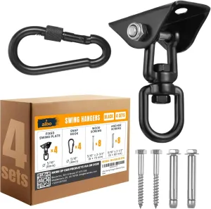 Albo 2650LBS Heavy Duty Ceiling Swing Hooks – 4 Pack Black, 304 Stainless Steel, 180° Silent Swivel Mount, Indoor Outdoor Hanger for Hammock, Therapy Swing, Punching Bag – Screws for Wood & Concrete