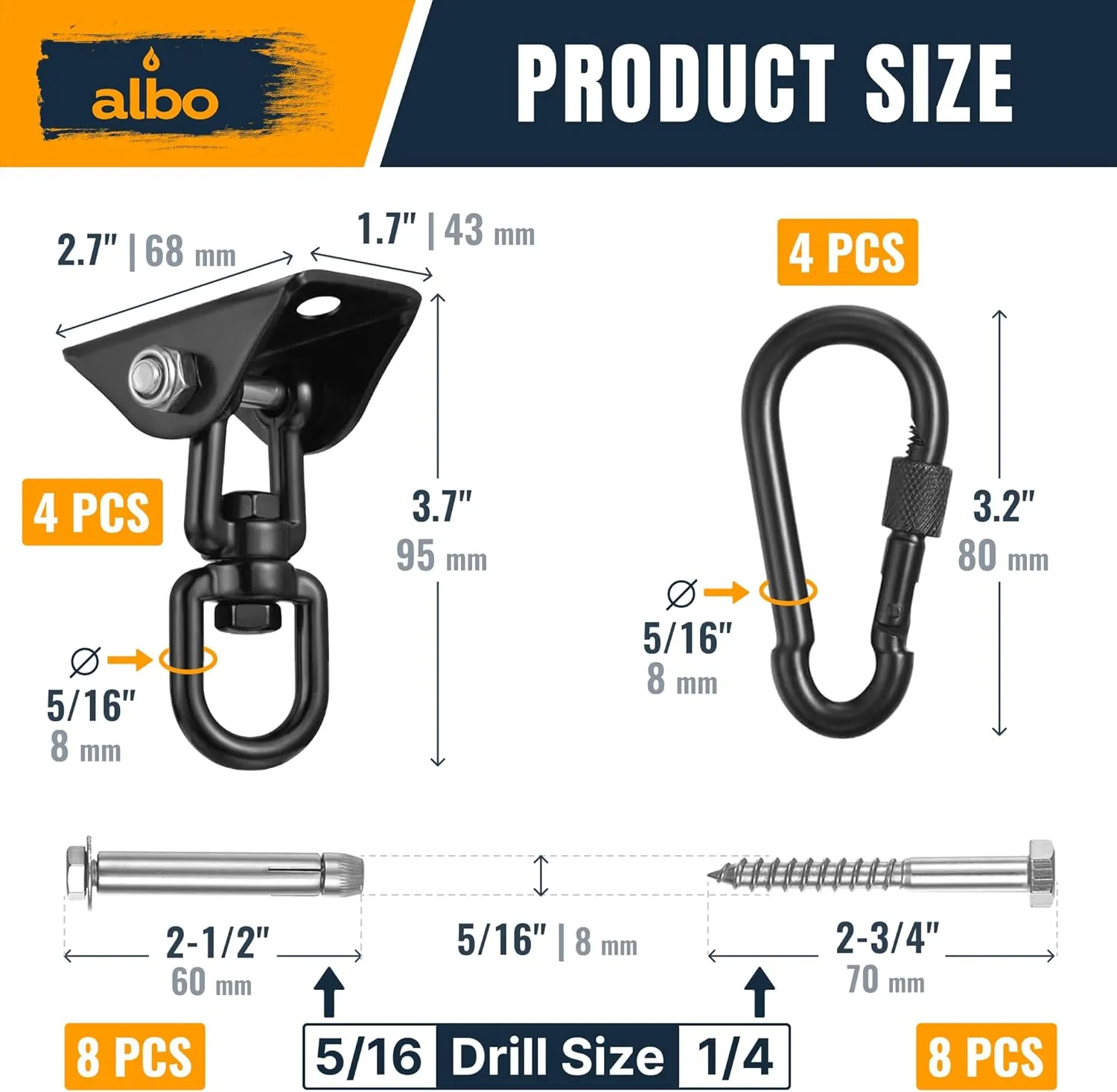 Albo 2650LBS Heavy Duty Ceiling Swing Hooks – 4 Pack Black, 304 Stainless Steel, 180° Silent Swivel Mount, Indoor Outdoor Hanger for Hammock, Therapy Swing, Punching Bag – Screws for Wood & Concrete
