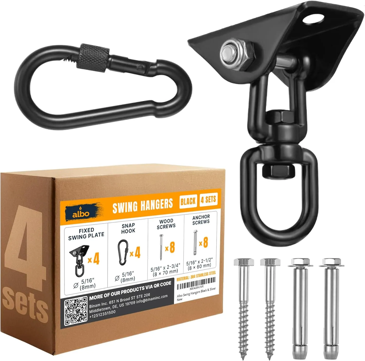 Albo 2650LBS Heavy Duty Ceiling Swing Hooks – 4 Pack Black, 304 Stainless Steel, 180° Silent Swivel Mount, Indoor Outdoor Hanger for Hammock, Therapy Swing, Punching Bag – Screws for Wood & Concrete