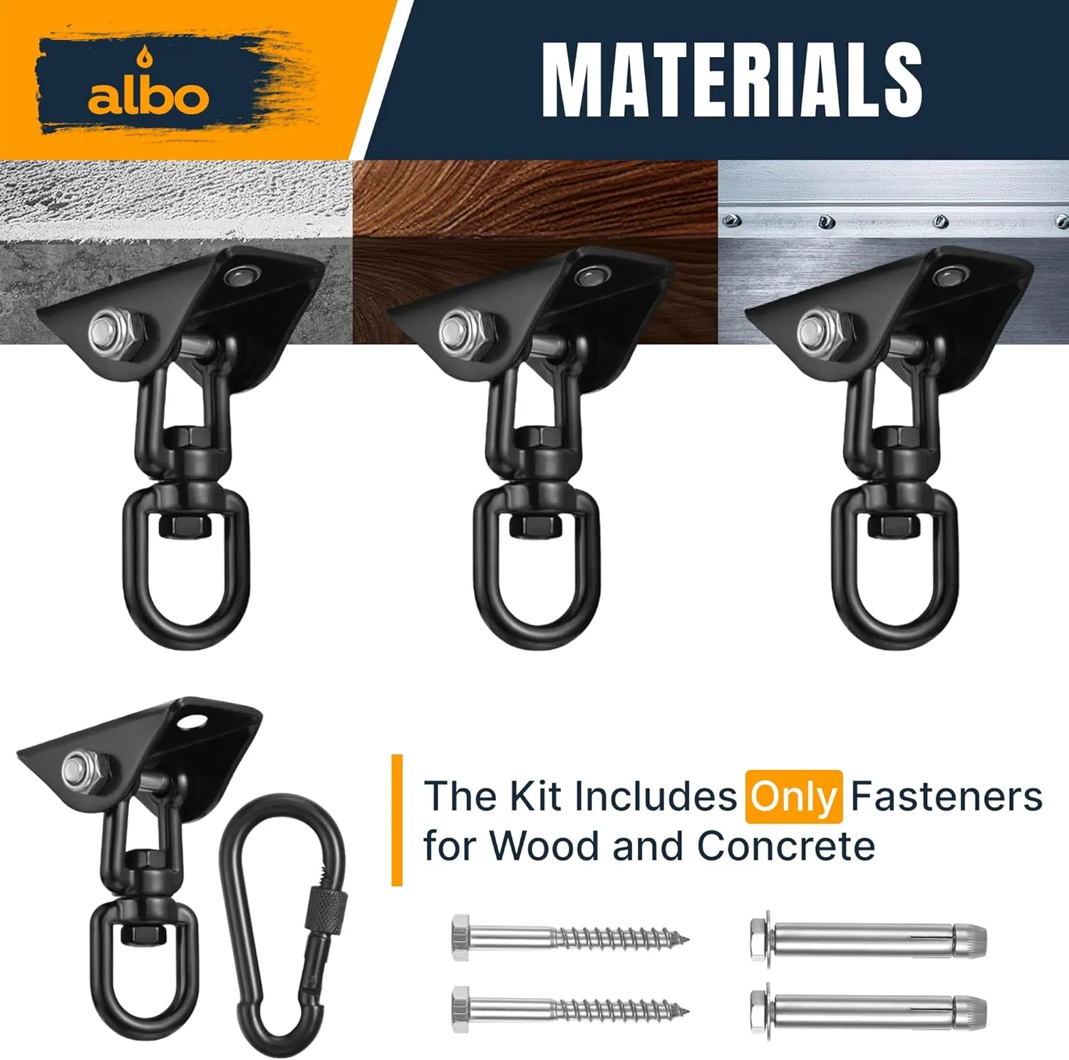 Albo 2650LBS Heavy Duty Ceiling Swing Hooks – 4 Pack Black, 304 Stainless Steel, 180° Silent Swivel Mount, Indoor Outdoor Hanger for Hammock, Therapy Swing, Punching Bag – Screws for Wood & Concrete