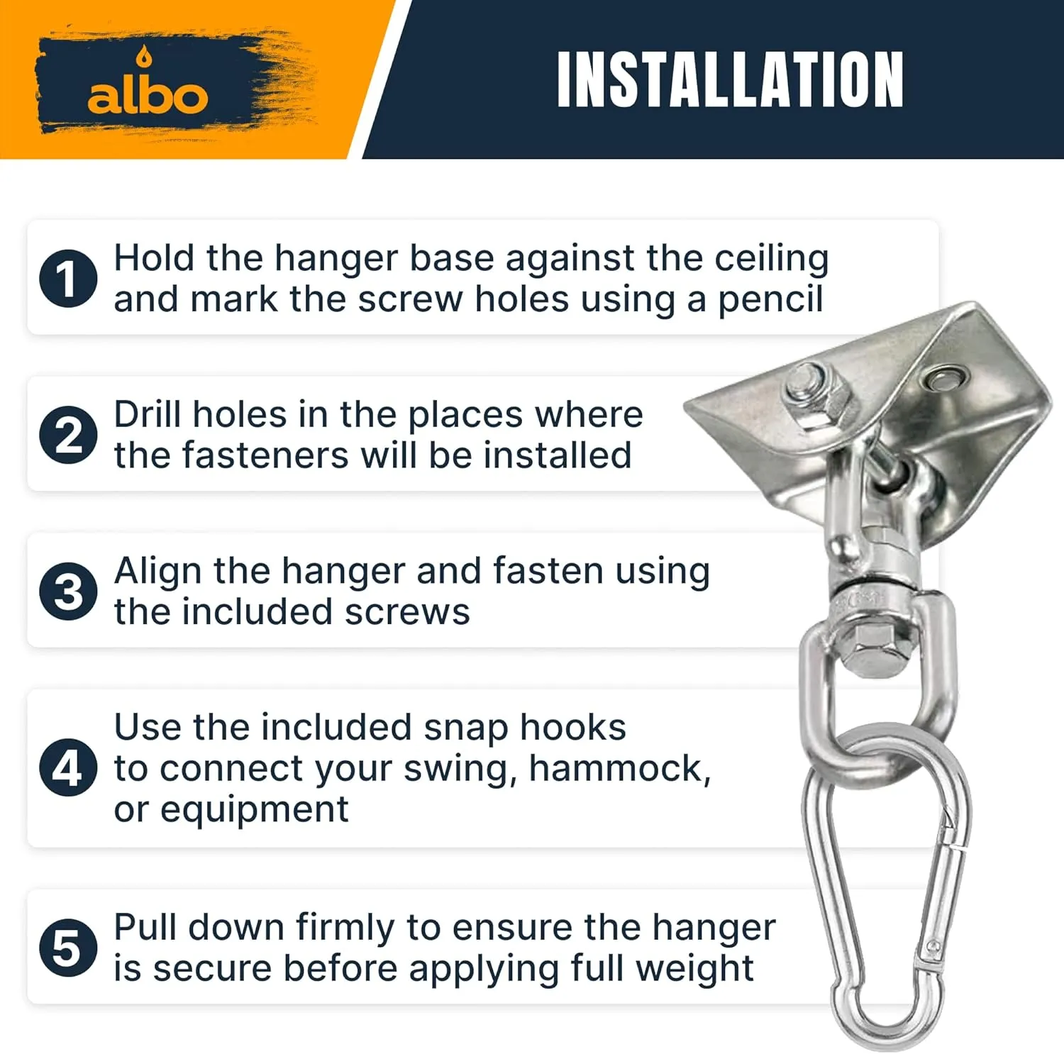 Albo 2650LBS Heavy Duty Ceiling Swing Hooks – 4 Pack Black, 304 Stainless Steel, 180° Silent Swivel Mount, Indoor Outdoor Hanger for Hammock, Therapy Swing, Punching Bag – Screws for Wood & Concrete