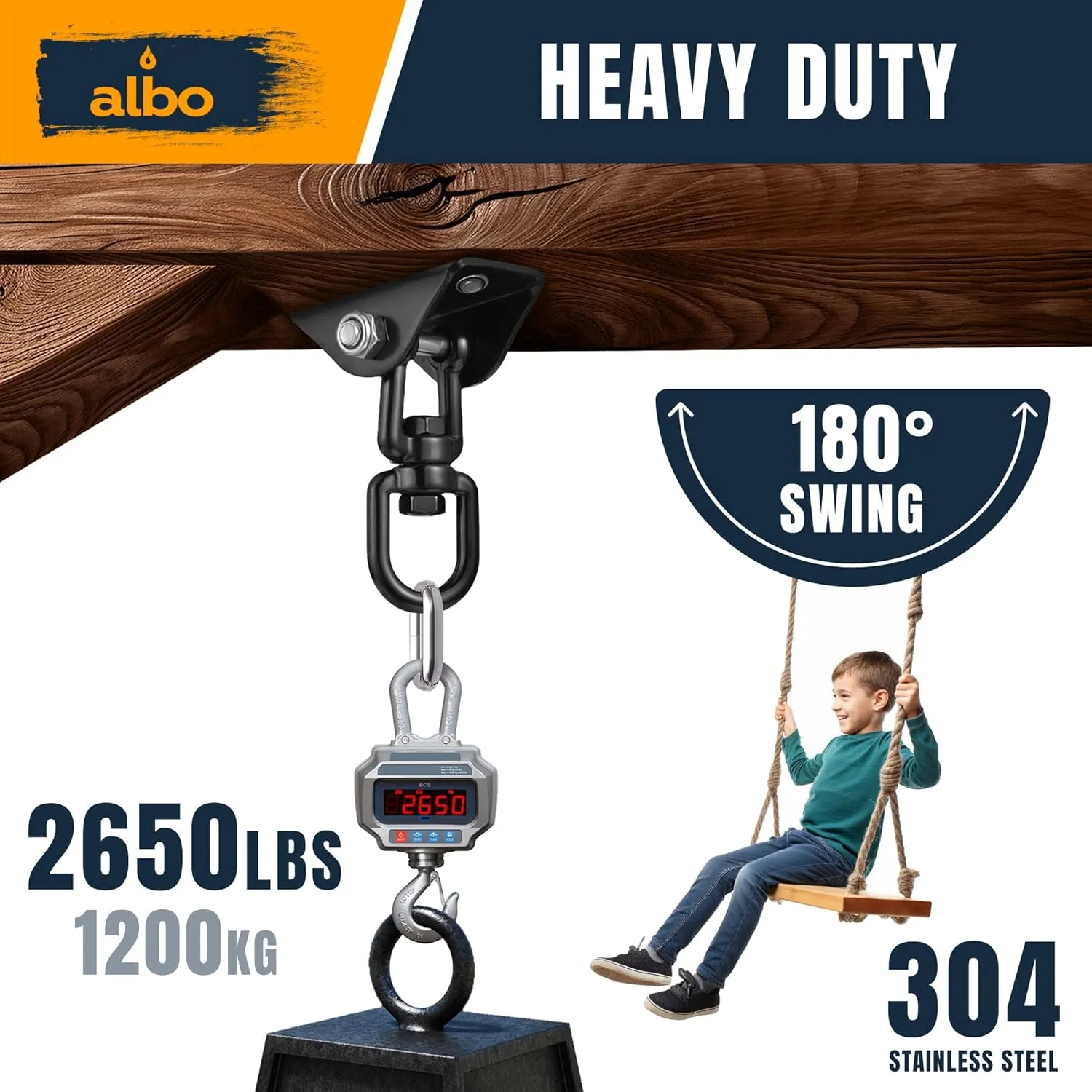 Albo 2650LBS Heavy Duty Ceiling Swing Hooks – 4 Pack Black, 304 Stainless Steel, 180° Silent Swivel Mount, Indoor Outdoor Hanger for Hammock, Therapy Swing, Punching Bag – Screws for Wood & Concrete