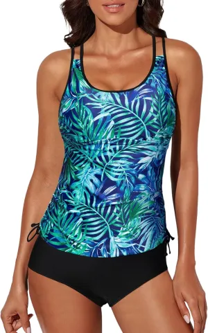 Aleumdr Womens Blouson Tankini Swimsuits Athletic Two Piece Strappy Tummy Control Bathing Suits with Bottoms