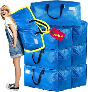 AlexHome Heavy Duty, Extra Large Packing Bags - Reusable Plastic Moving Totes, Clothes Storage Containers - Compatible with Ikea Frakta Cart (Blue, Set of 7)