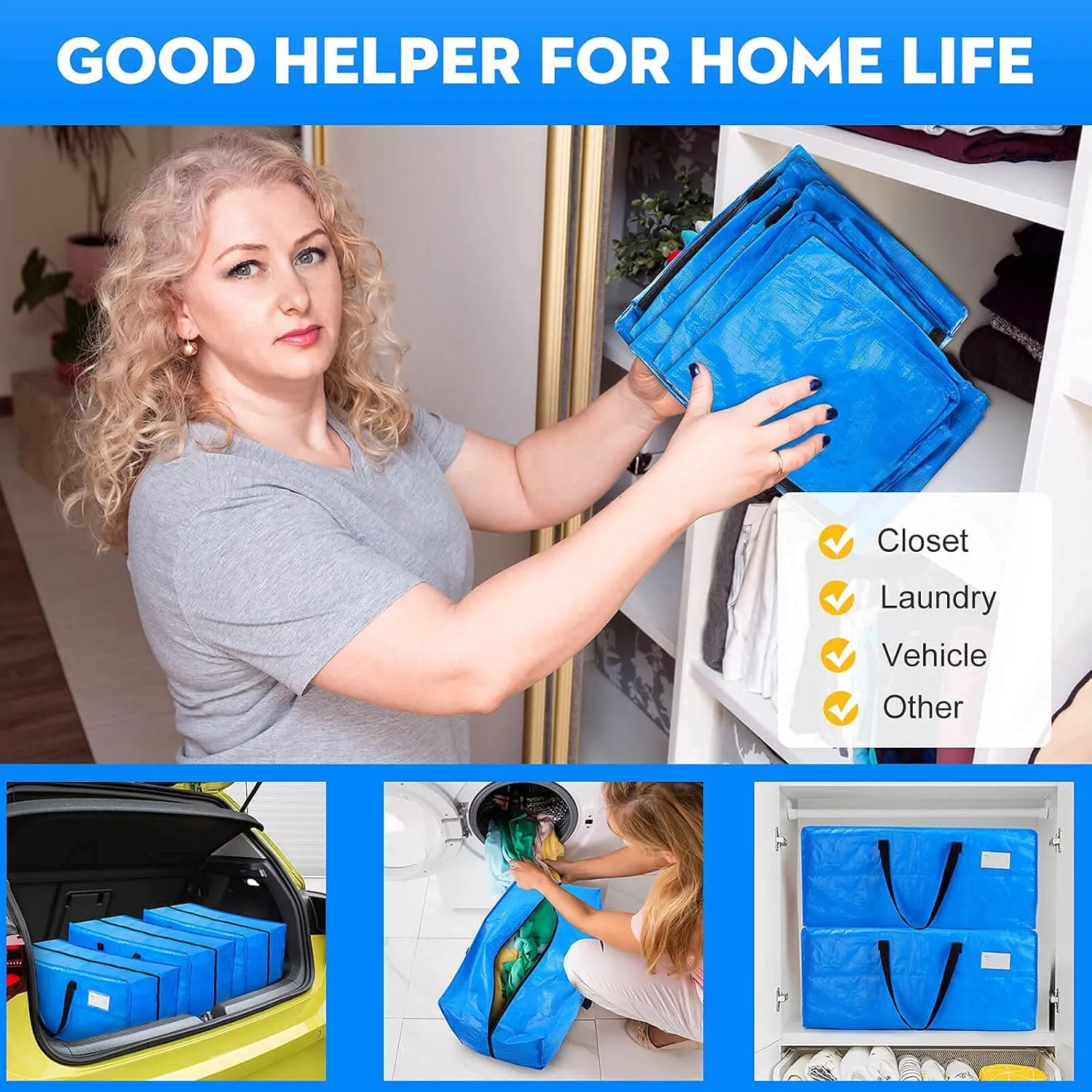 AlexHome Heavy Duty, Extra Large Packing Bags - Reusable Plastic Moving Totes, Clothes Storage Containers - Compatible with Ikea Frakta Cart (Blue, Set of 7)