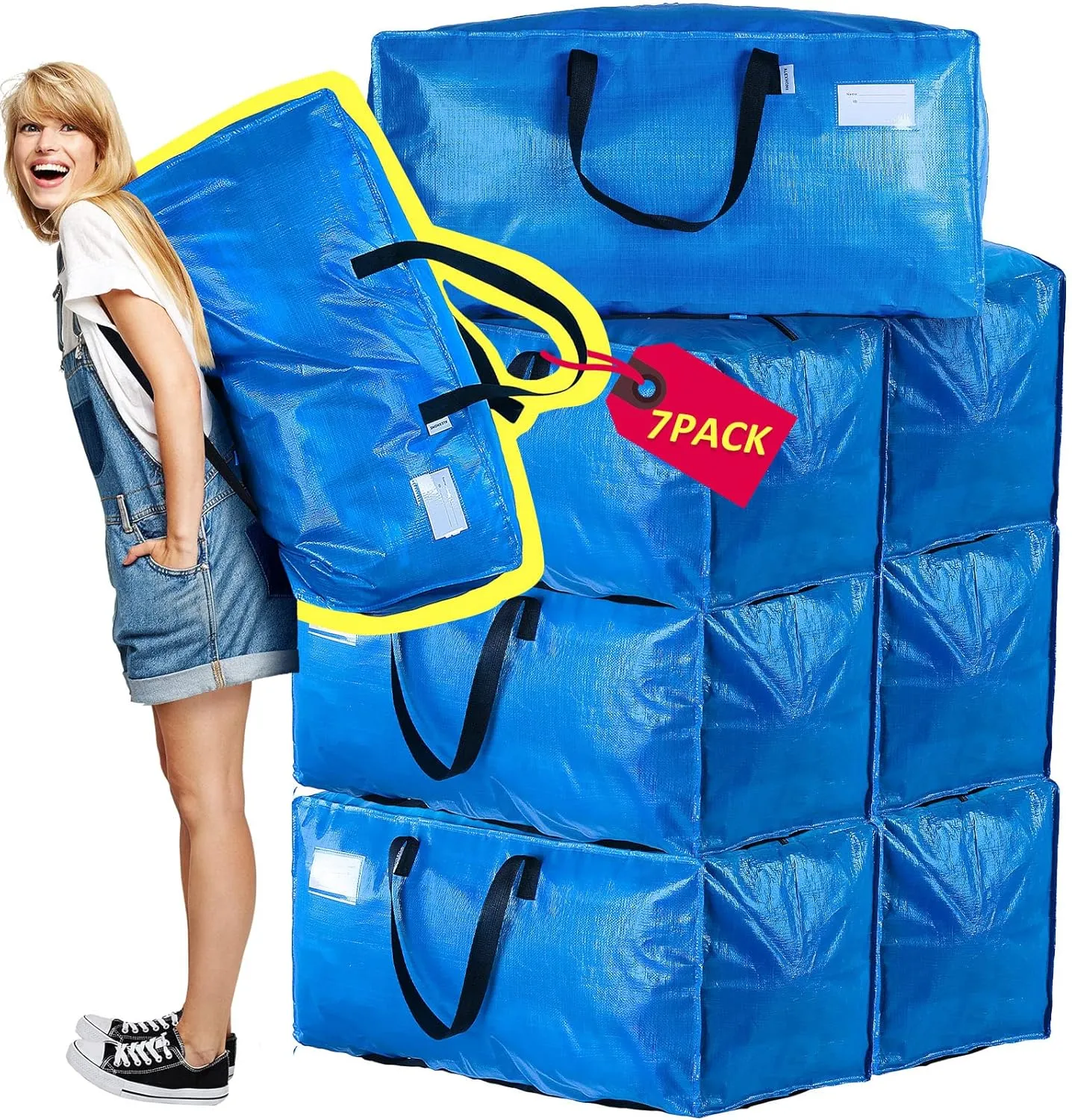 AlexHome Heavy Duty, Extra Large Packing Bags - Reusable Plastic Moving Totes, Clothes Storage Containers - Compatible with Ikea Frakta Cart (Blue, Set of 7)