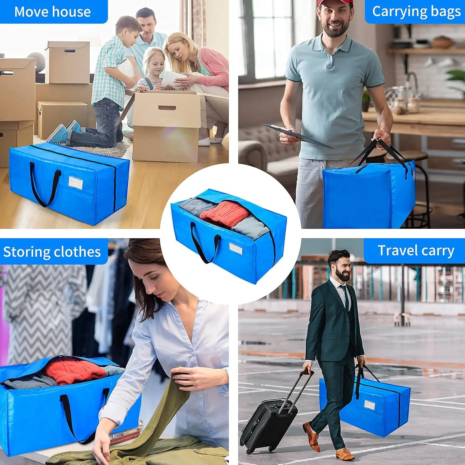 AlexHome Heavy Duty, Extra Large Packing Bags - Reusable Plastic Moving Totes, Clothes Storage Containers - Compatible with Ikea Frakta Cart (Blue, Set of 7)