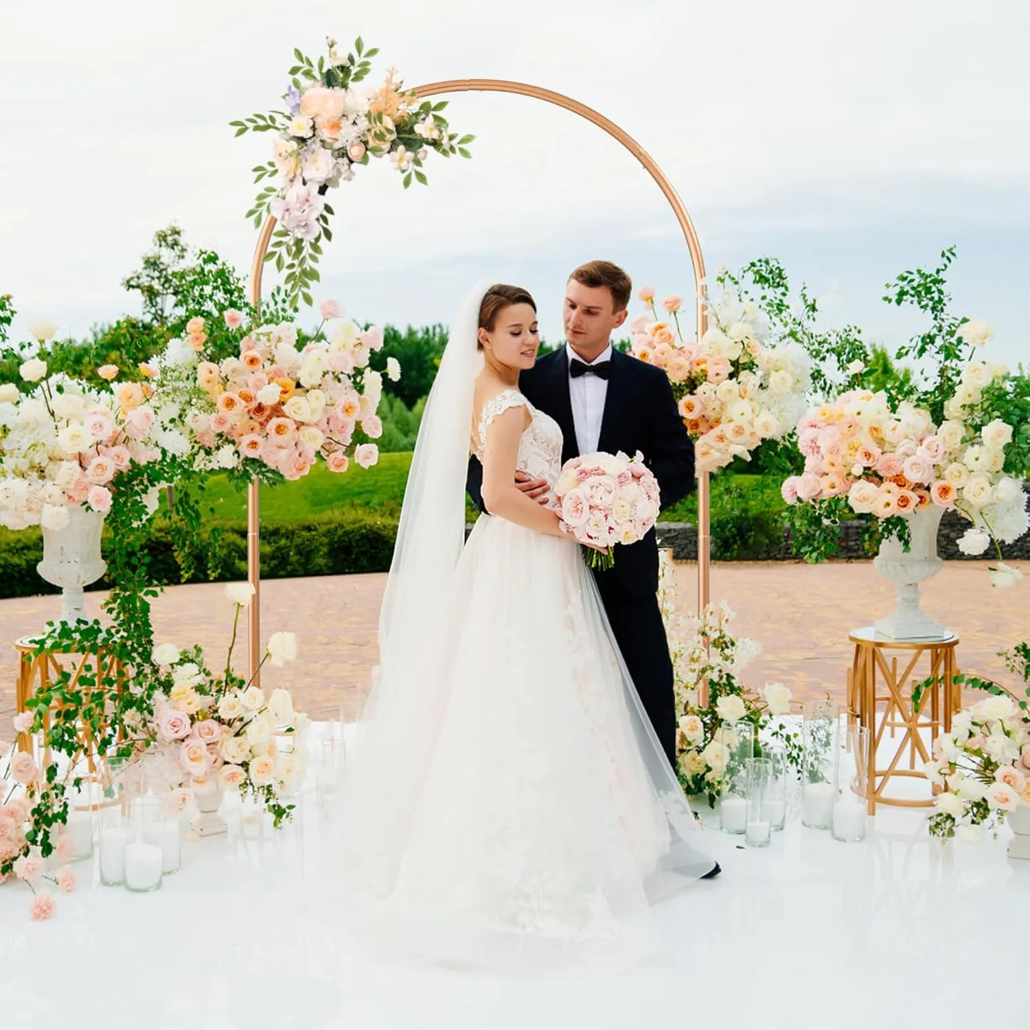 Aluminum Arch Backdrop Stand, 7.2FT Gold Wedding Balloon Arched Frame, Metal Arch Stand Backdrop for Birthday Party Baby Shower Ceremony Decoration Indoor Outdoor