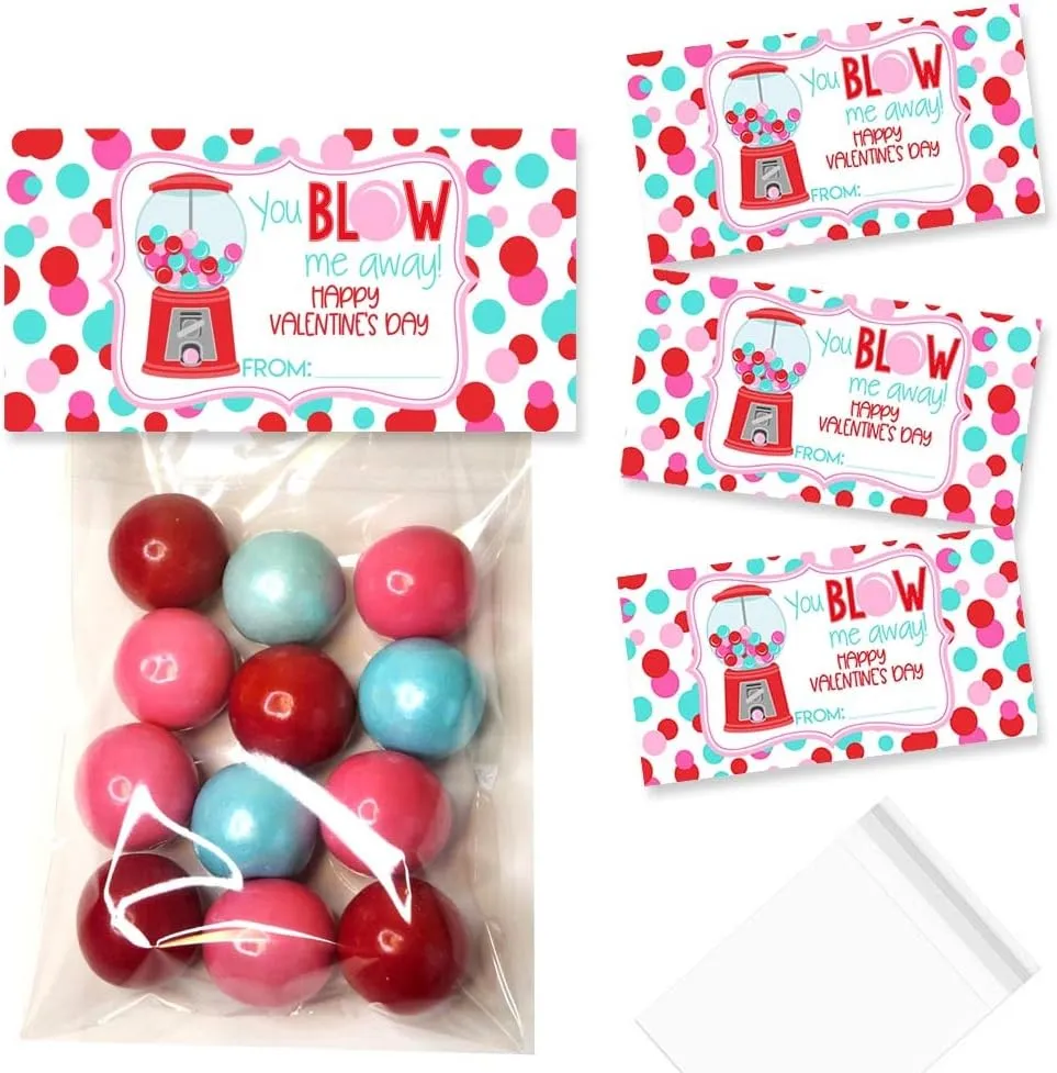Amanda Creation You Blow Me Away Bubblegum Themed Happy Valentine's Day Bag Toppers for Party Favor Treat Bags, Set of 20 Bag Toppers With 20 Self-Adhesive Bags Also Included