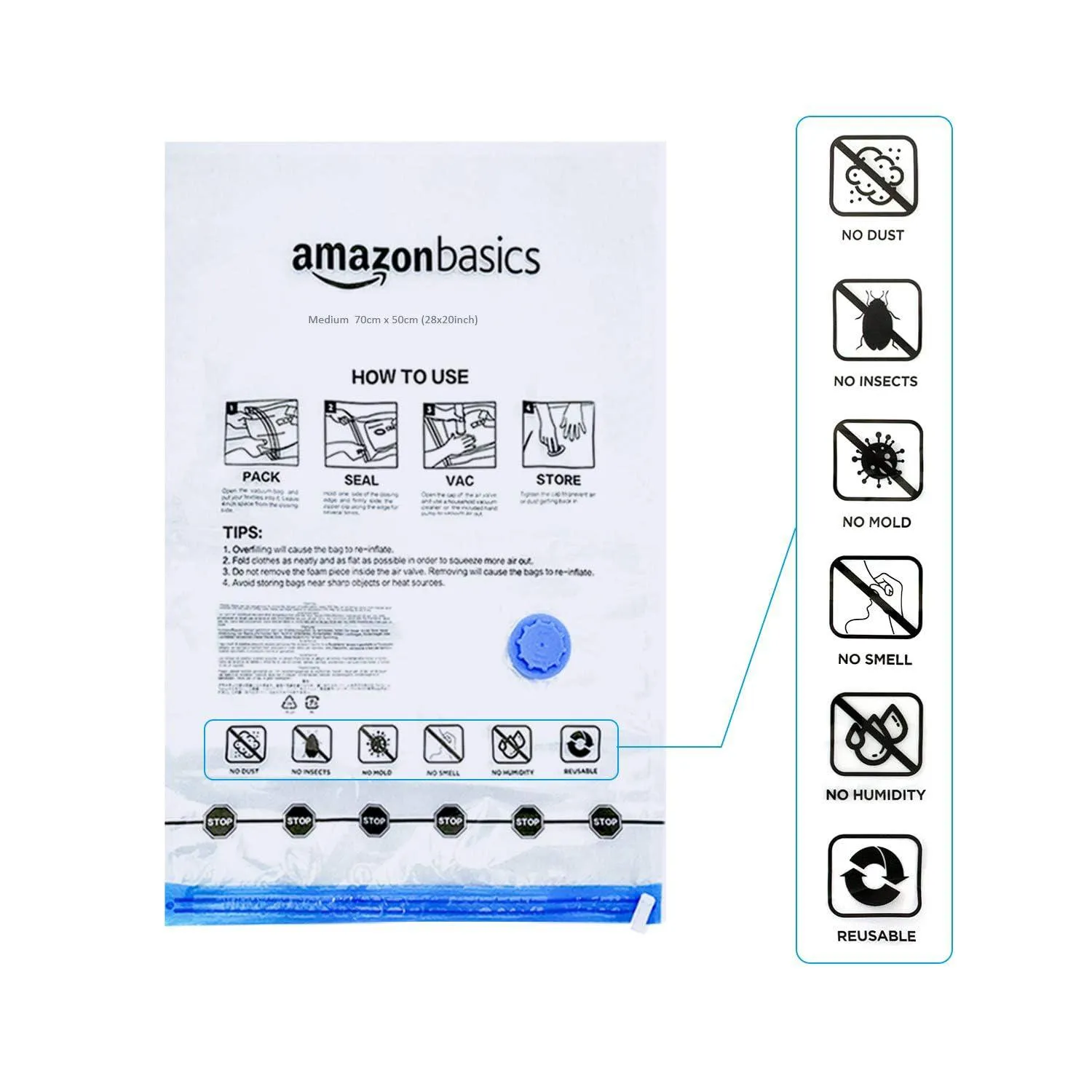 amazon basics Plastic Vacuum Compression Storage Bags With Hand Pump-Jumbo,6-Pack,White