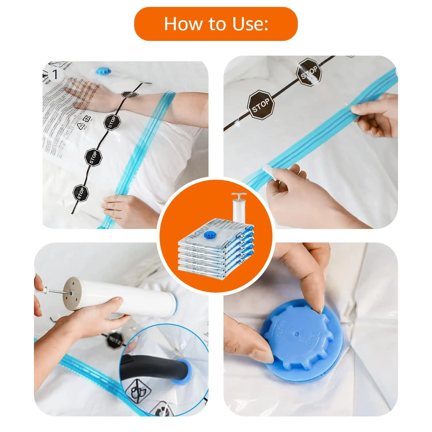 amazon basics Plastic Vacuum Compression Storage Bags With Hand Pump-Jumbo,6-Pack,White