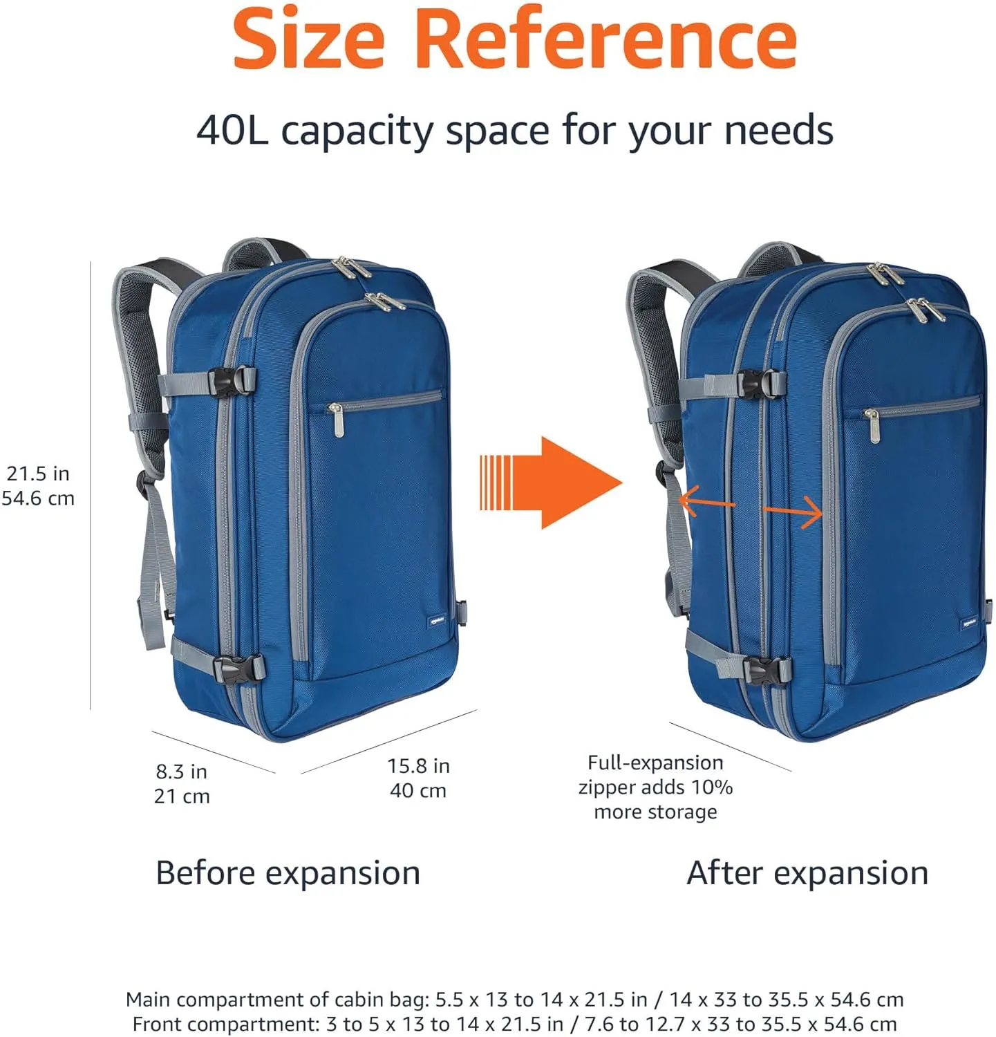 Amazon Basics Travel Backpack Carry On Flight Approved, Lightweight, Expandable, Dual Use as Backpack or Shoulder Bag, Navy.