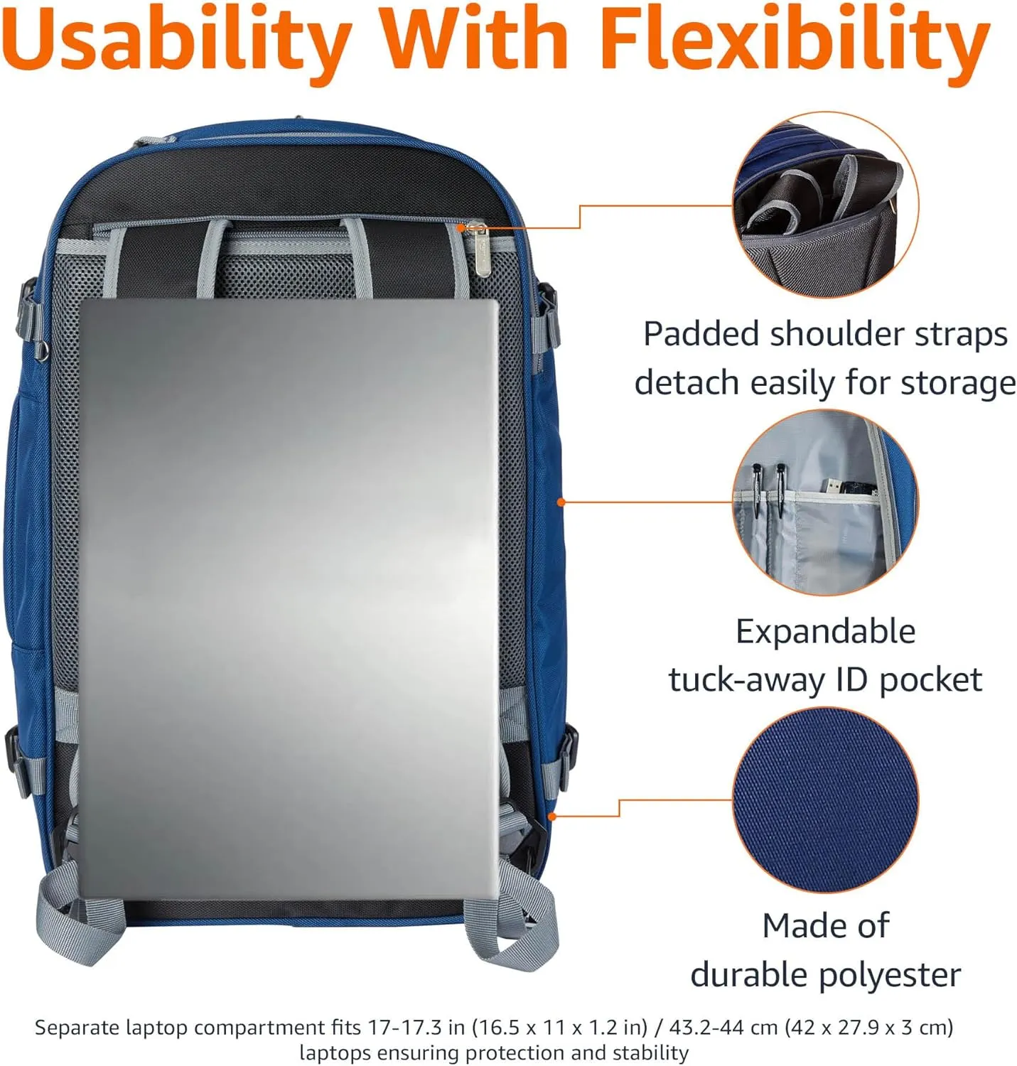 Amazon Basics Travel Backpack Carry On Flight Approved, Lightweight, Expandable, Dual Use as Backpack or Shoulder Bag, Navy.