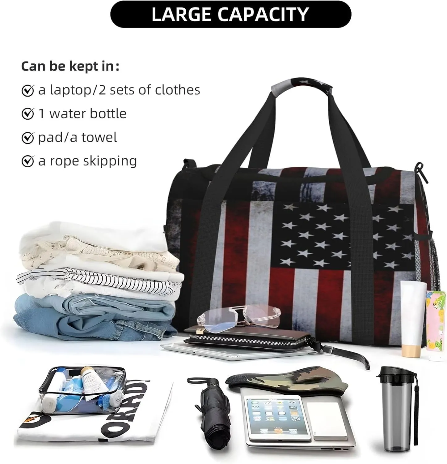 American Flag Travel Duffel Bag Large Foldable Waterproof Overnight Bag For Beach Swim Bags Pool Sports Gym