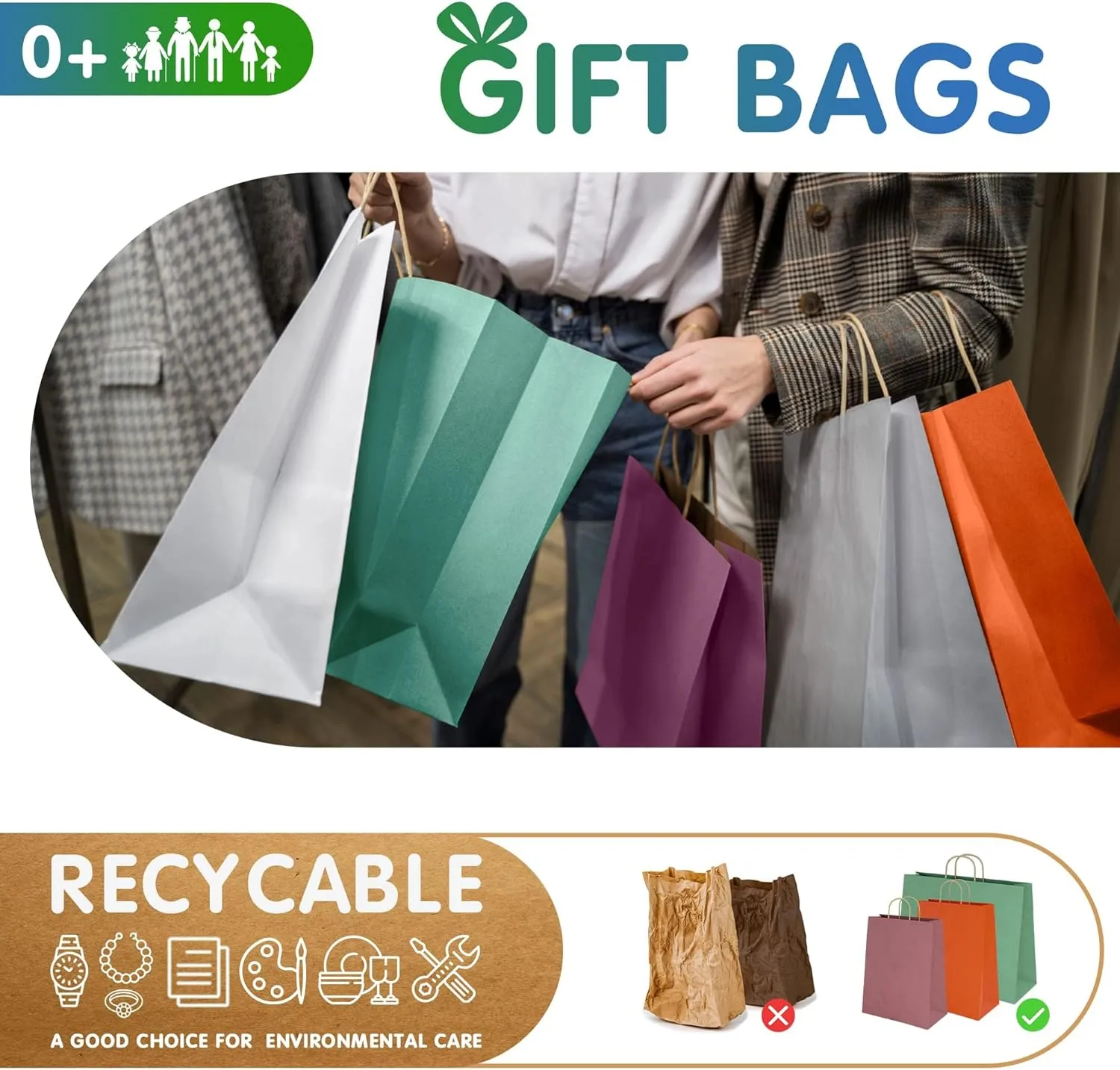 Amiff White Kraft Paper Bags with Handles Bulk, 16 x 6 x 12 Inch. Pack of 50 Foldable Shopping Bag, 150 GSM. Kraft Paper Gift Bags with Handles. Gift Gag Bulk for Wedding favors, Valentines Day