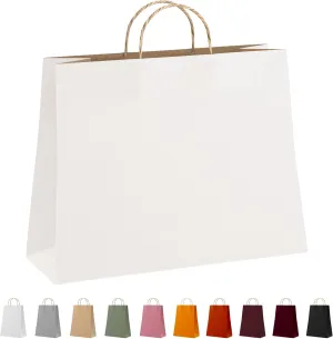 Amiff White Kraft Paper Bags with Handles Bulk, 16 x 6 x 12 Inch. Pack of 50 Foldable Shopping Bag, 150 GSM. Kraft Paper Gift Bags with Handles. Gift Gag Bulk for Wedding favors, Valentines Day