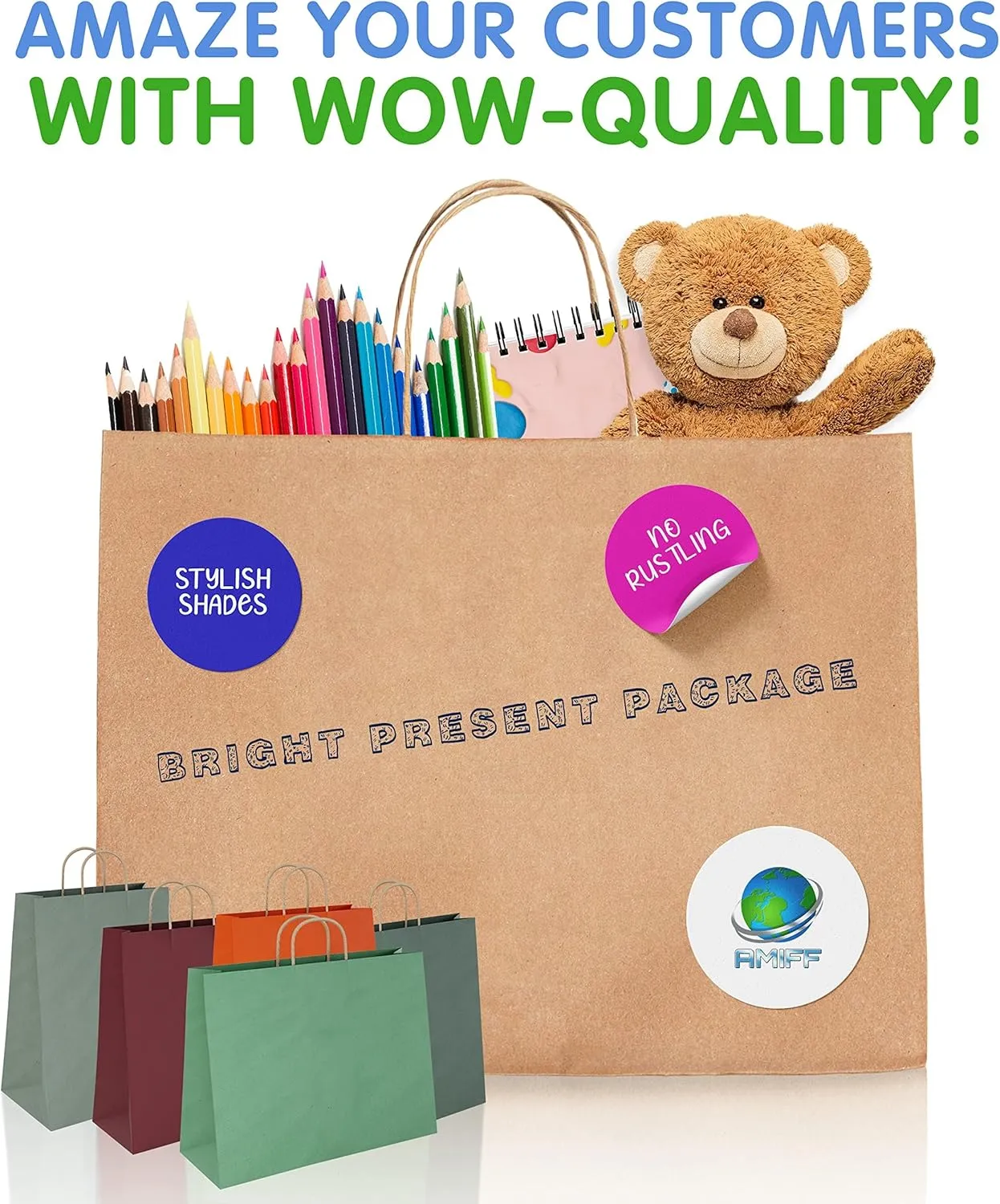 Amiff White Kraft Paper Bags with Handles Bulk, 16 x 6 x 12 Inch. Pack of 50 Foldable Shopping Bag, 150 GSM. Kraft Paper Gift Bags with Handles. Gift Gag Bulk for Wedding favors, Valentines Day