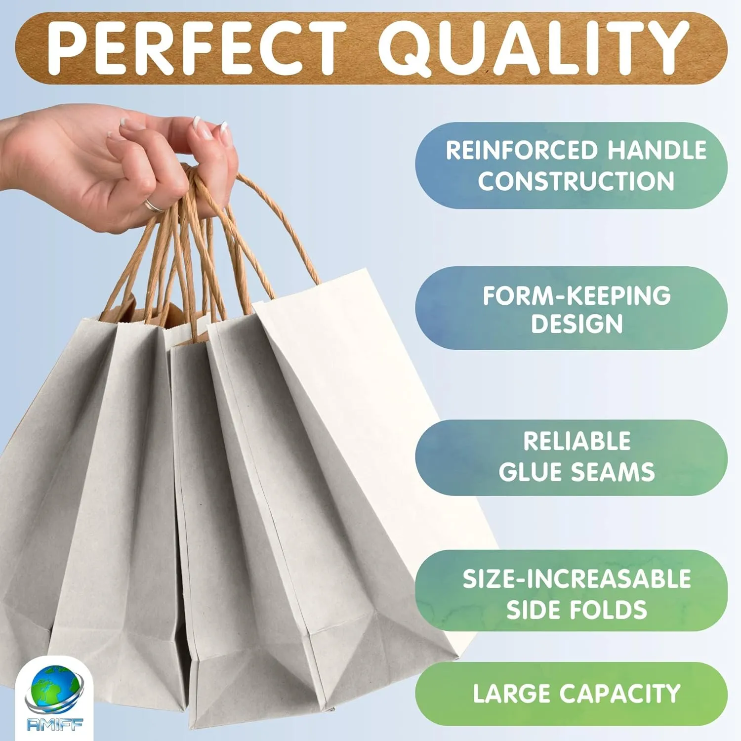 Amiff White Kraft Paper Bags with Handles Bulk, 16 x 6 x 12 Inch. Pack of 50 Foldable Shopping Bag, 150 GSM. Kraft Paper Gift Bags with Handles. Gift Gag Bulk for Wedding favors, Valentines Day