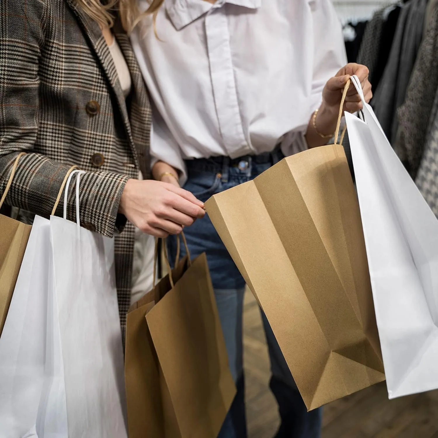 Amiff White Kraft Paper Bags with Handles Bulk, 16 x 6 x 12 Inch. Pack of 50 Foldable Shopping Bag, 150 GSM. Kraft Paper Gift Bags with Handles. Gift Gag Bulk for Wedding favors, Valentines Day