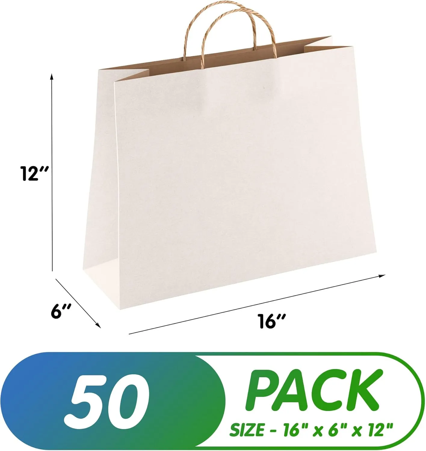Amiff White Kraft Paper Bags with Handles Bulk, 16 x 6 x 12 Inch. Pack of 50 Foldable Shopping Bag, 150 GSM. Kraft Paper Gift Bags with Handles. Gift Gag Bulk for Wedding favors, Valentines Day