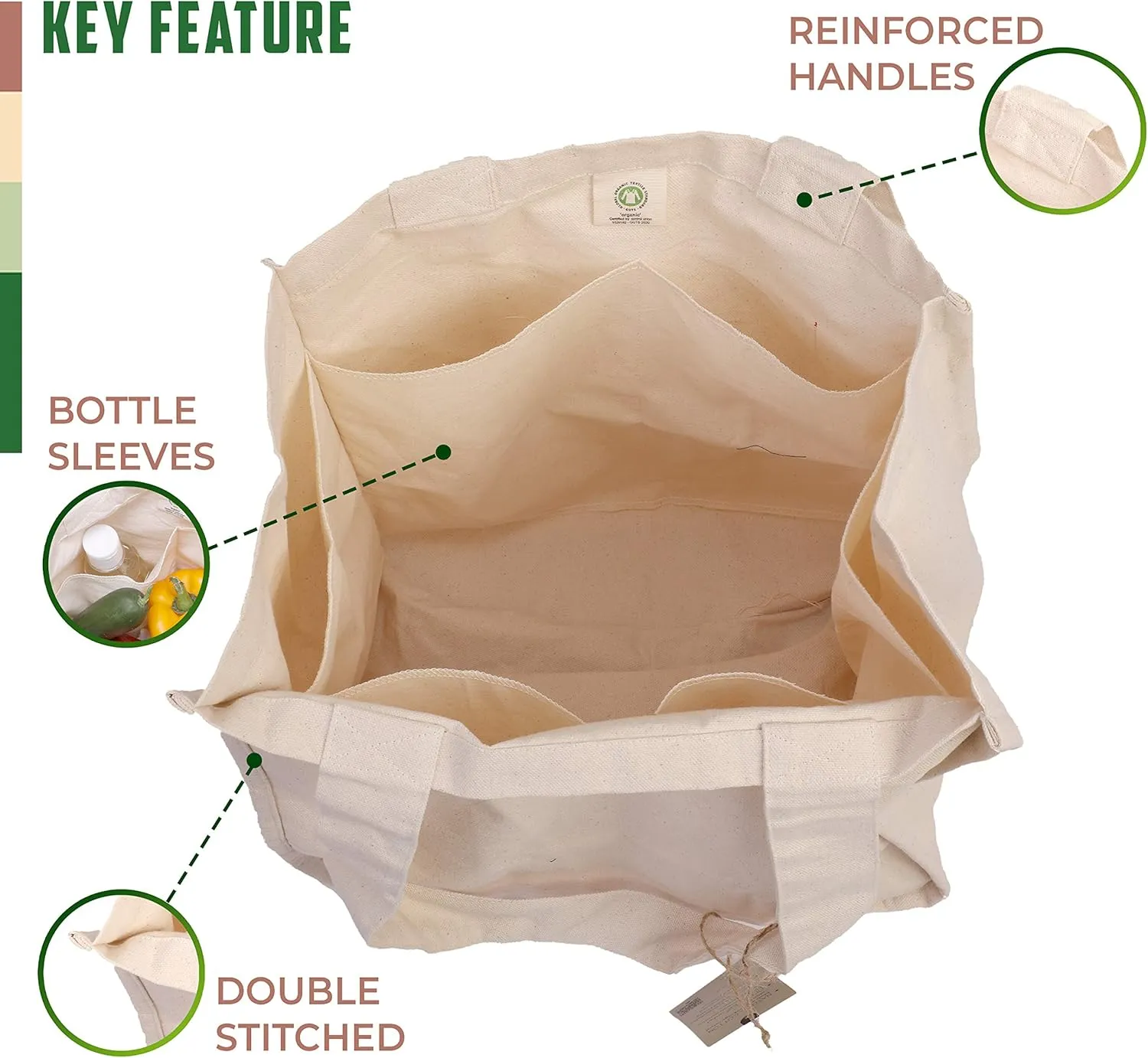 AMOUR INFINI Organic Cotton Grocery Bags with Bottle Sleeve - Set of 3 Foldable & Washable Shoulder Tote Bags with Reinforced Handles & Double-Stitched Arc Edges for Groceries & Everyday Use