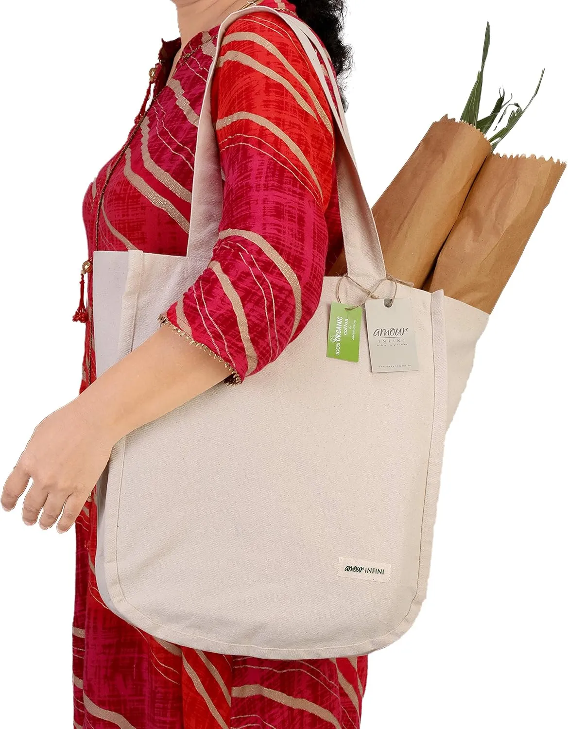 AMOUR INFINI Organic Cotton Grocery Bags with Bottle Sleeve - Set of 3 Foldable & Washable Shoulder Tote Bags with Reinforced Handles & Double-Stitched Arc Edges for Groceries & Everyday Use