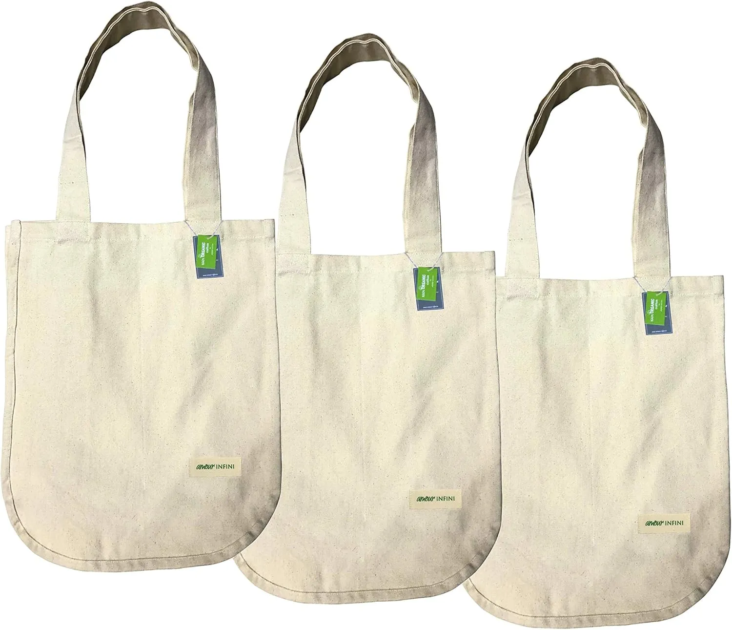 AMOUR INFINI Organic Cotton Grocery Bags with Bottle Sleeve - Set of 3 Foldable & Washable Shoulder Tote Bags with Reinforced Handles & Double-Stitched Arc Edges for Groceries & Everyday Use