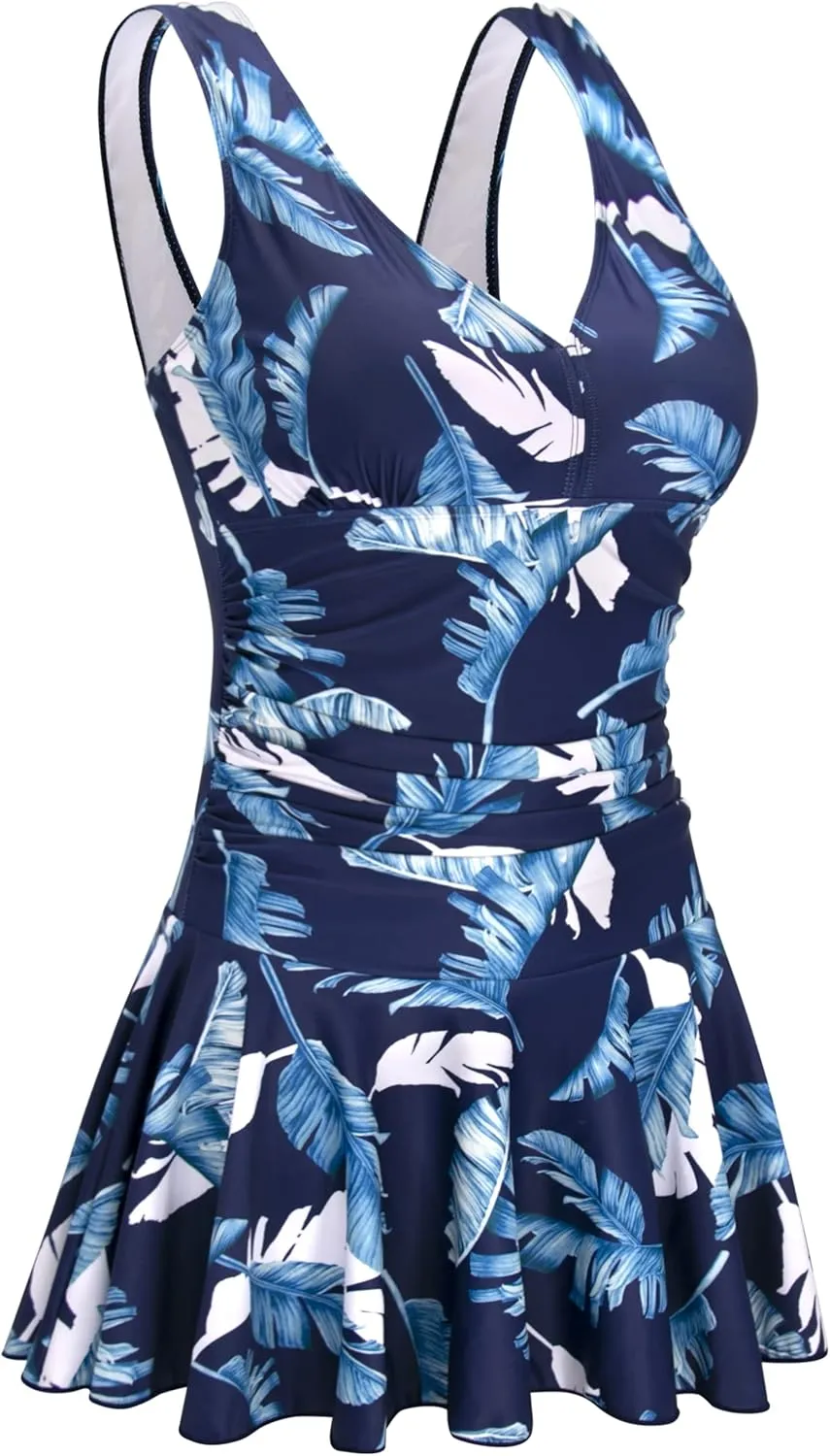 AONTUS Women's Tummy Control One Piece Swimsuits Sexy V Neck with UPF 50  Sun Protection Retro Swimwear for Beach & Pool