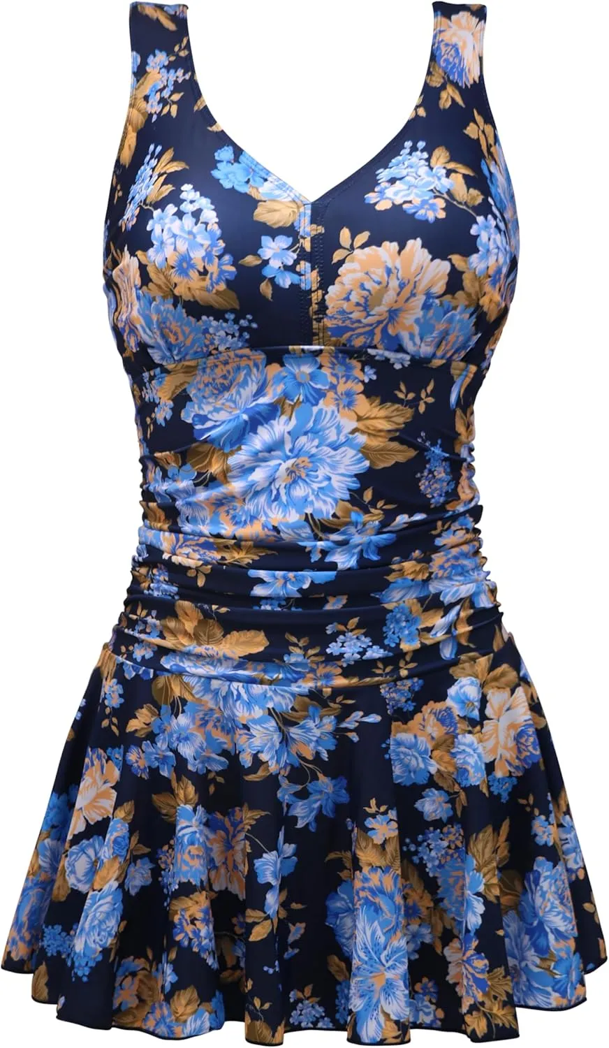 AONTUS Women's Tummy Control One Piece Swimsuits Sexy V Neck with UPF 50  Sun Protection Retro Swimwear for Beach & Pool