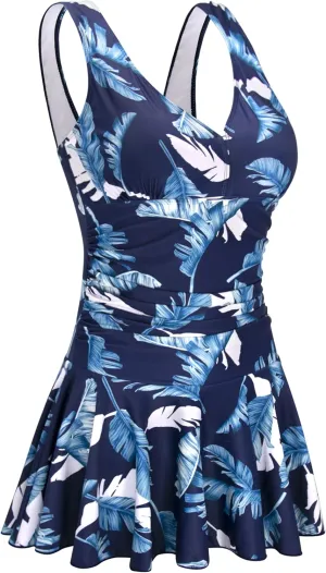 AONTUS Women's Tummy Control One Piece Swimsuits Sexy V Neck with UPF 50  Sun Protection Retro Swimwear for Beach & Pool