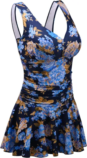 AONTUS Women's Tummy Control One Piece Swimsuits Sexy V Neck with UPF 50  Sun Protection Retro Swimwear for Beach & Pool