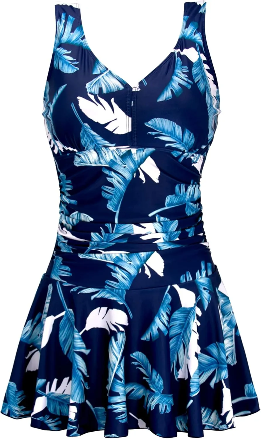 AONTUS Women's Tummy Control One Piece Swimsuits Sexy V Neck with UPF 50  Sun Protection Retro Swimwear for Beach & Pool