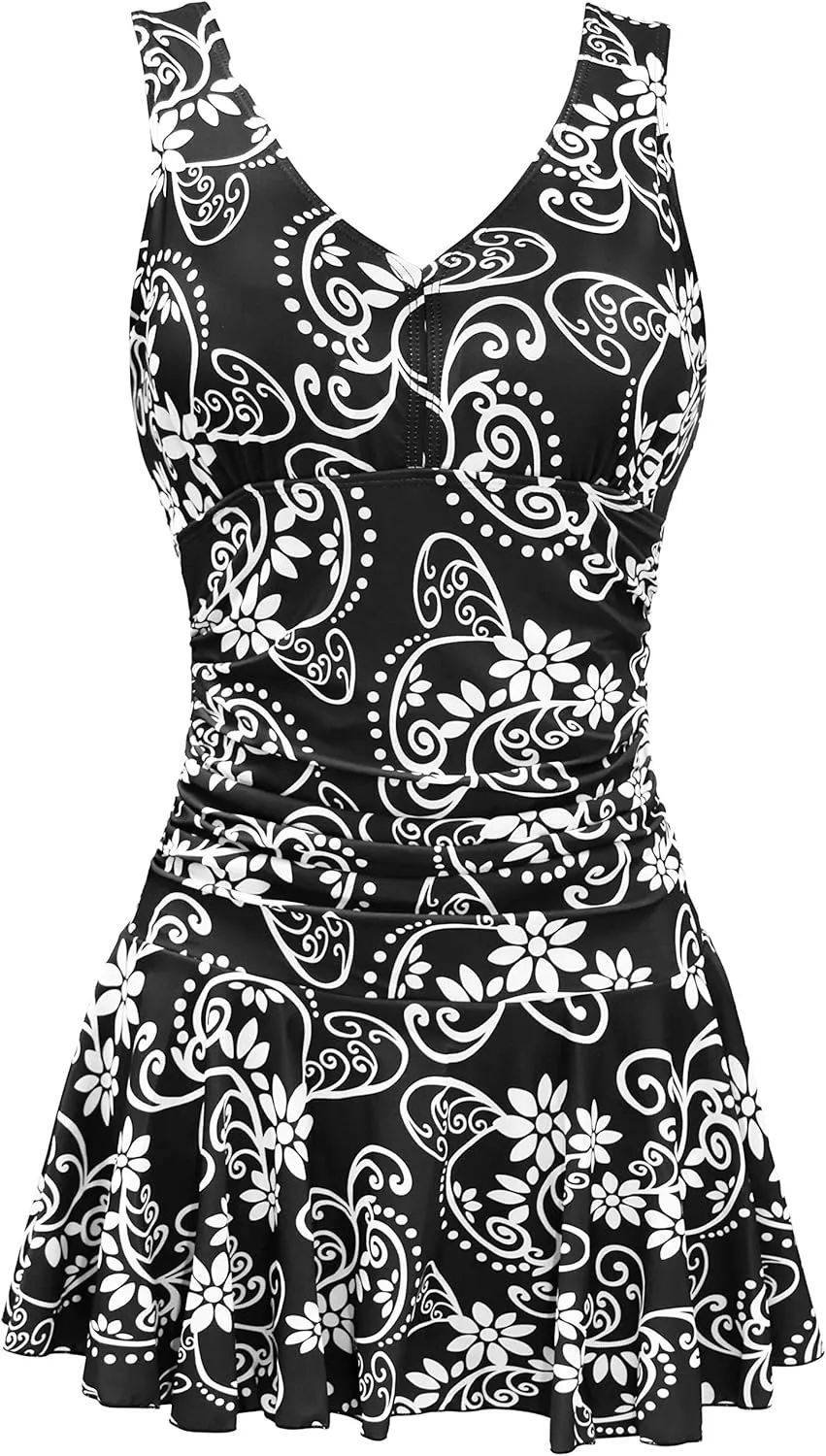 AONTUS Women's Tummy Control One Piece Swimsuits Sexy V Neck with UPF 50  Sun Protection Retro Swimwear for Beach & Pool
