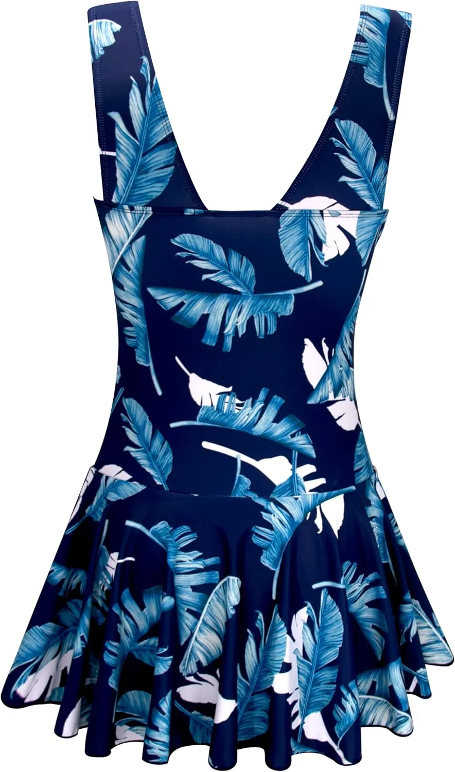 AONTUS Women's Tummy Control One Piece Swimsuits Sexy V Neck with UPF 50  Sun Protection Retro Swimwear for Beach & Pool
