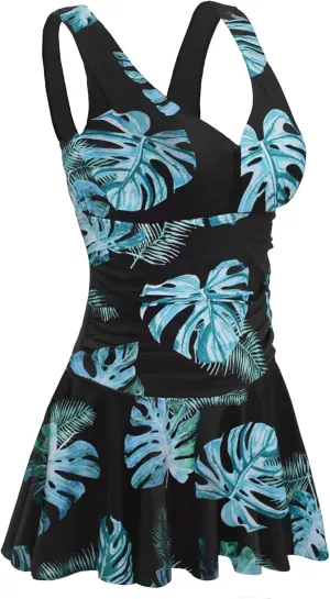 AONTUS Women's Tummy Control One Piece Swimsuits Sexy V Neck with UPF 50  Sun Protection Retro Swimwear for Beach & Pool