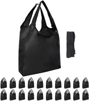 Aricsen 20 Pack Durable Folding Large Kitchen Reusable Shopping Bags with Handles Bulk, Recycle Foldable Grocery Washable into Pocket Portable Nylon Tote, Polyester Cloth, Black Fabric