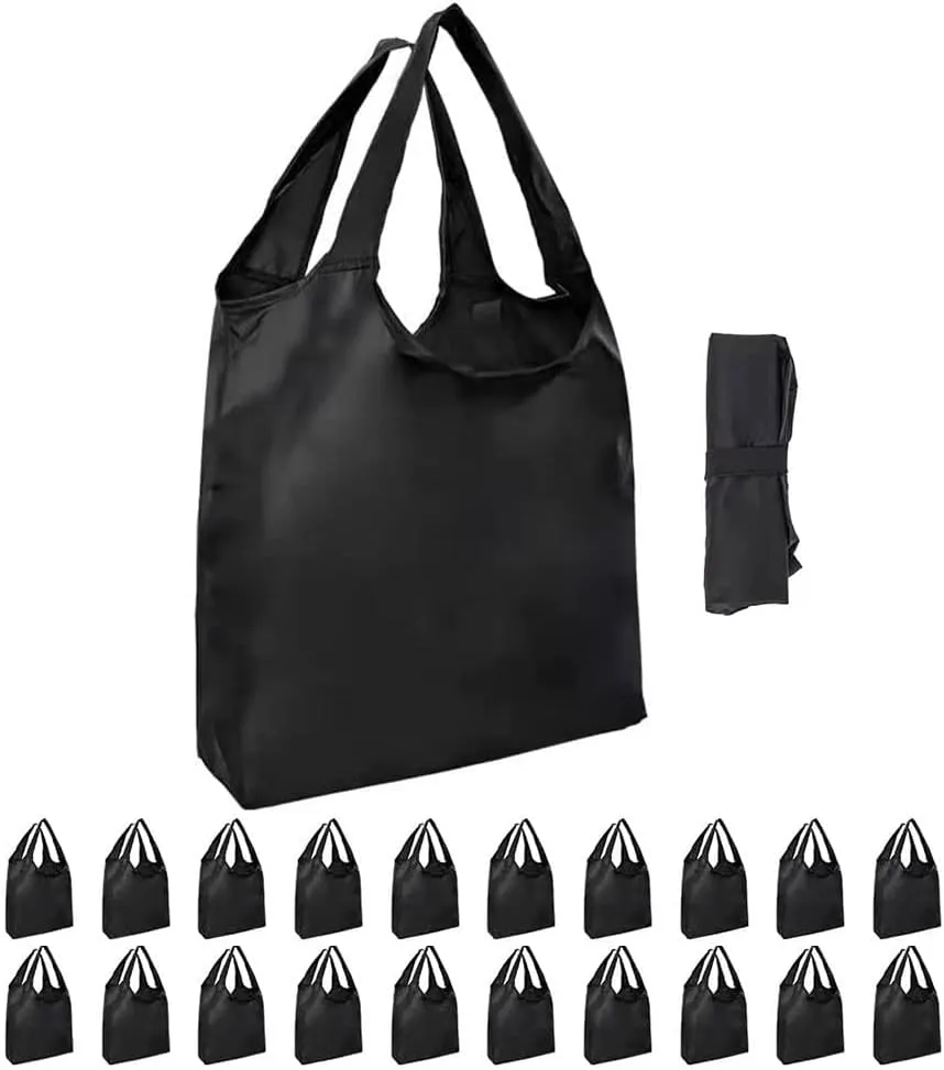 Aricsen 20 Pack Durable Folding Large Kitchen Reusable Shopping Bags with Handles Bulk, Recycle Foldable Grocery Washable into Pocket Portable Nylon Tote, Polyester Cloth, Black Fabric