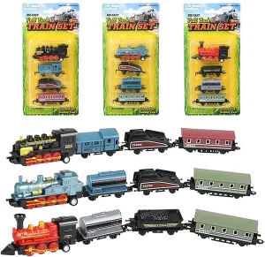 ArtCreativity Mini Locomotive Train Playset for Kids, Set of 3, Each Set with 1 Locomotive and 3 Carts, Diecast Train Toy for Boys and Girls with Pullback Motion, Great Birthday Gift