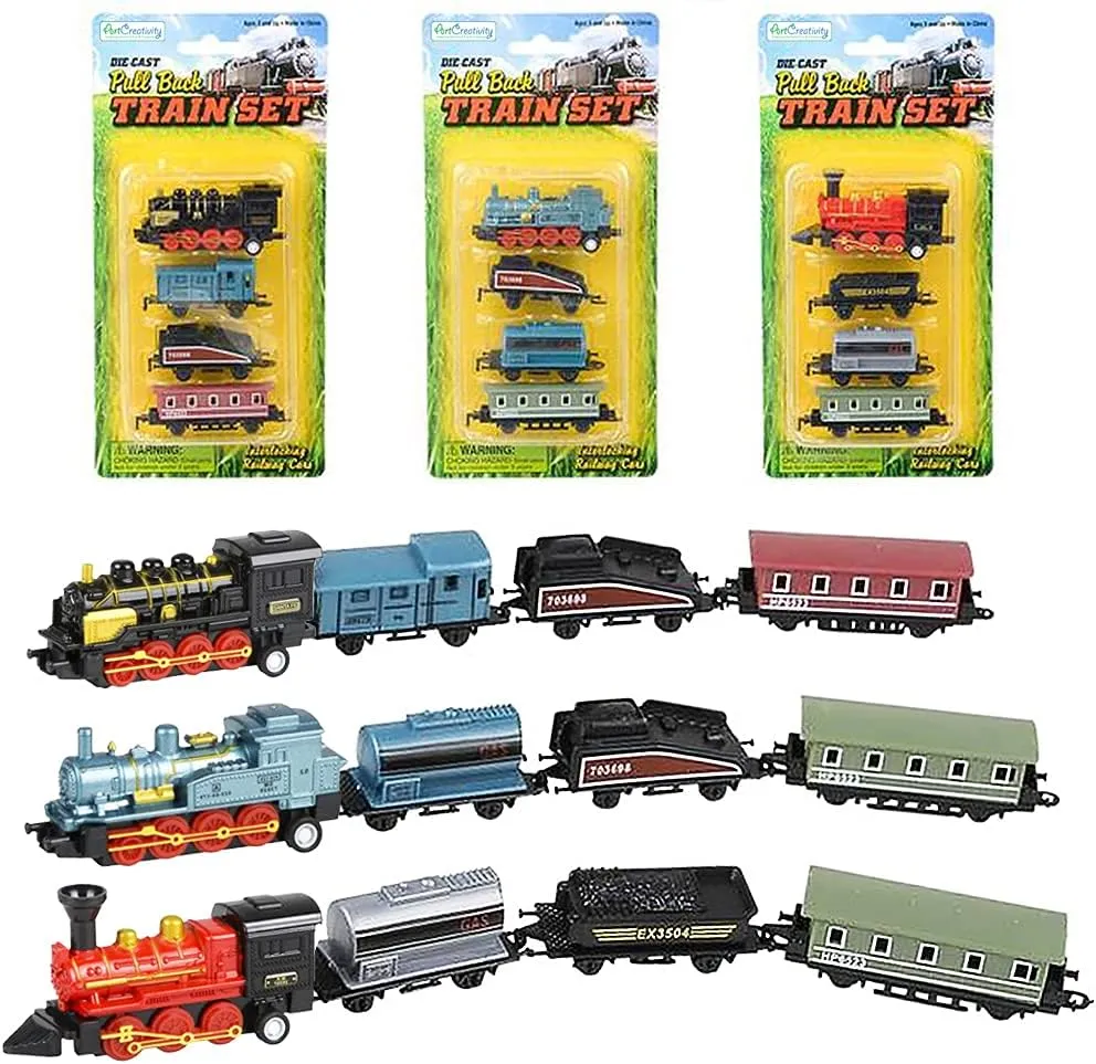 ArtCreativity Mini Locomotive Train Playset for Kids, Set of 3, Each Set with 1 Locomotive and 3 Carts, Diecast Train Toy for Boys and Girls with Pullback Motion, Great Birthday Gift